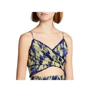 Cinq a Sept Blue Green Ikat Smocked Pleated Sleeveless Wrap Front Crop Top XS